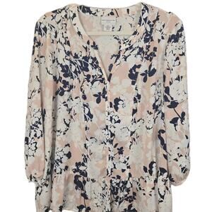 Liz Claiborne Womens Blouse 3/4 Sleeve Floral Pink/Navy PETITE XL Peasant Boho